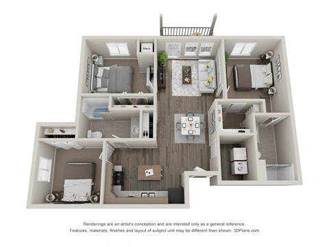 Floor plan for 3 beds, 2 baths, 1154 sqft